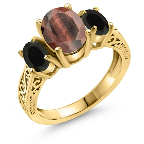 Gem Stone King 2.30 Ct Oval Red Tiger Eye Black Onyx 18K Yellow Gold Plated Silver Ring (Size 6)