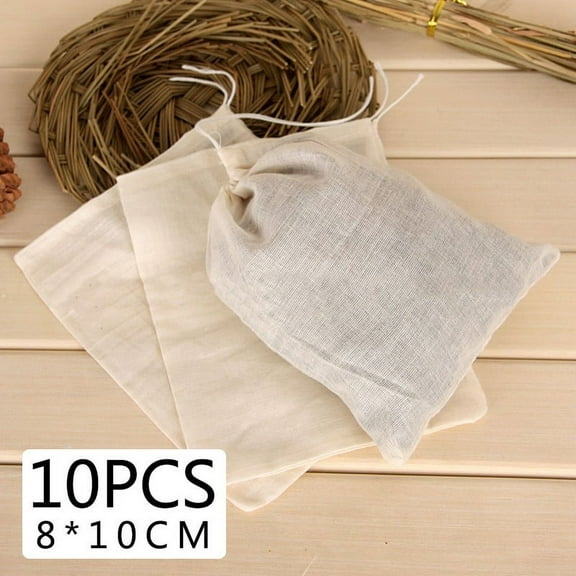 Dreamhall 10 Pcs Muslin Drawstring Bags, Natural Unbleached Cotton Straining Herbs Cheesecloth Bags, Coffee Tea Brew Bags, Soup Gravy Broth Stew Bags, Bone Broth Brew Bags,Spice Bags 8x10cm