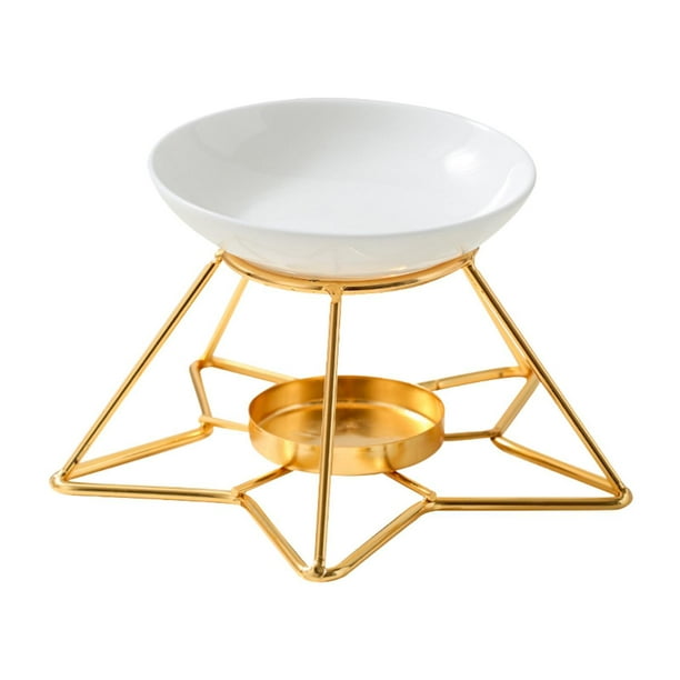 Portavelas para velas de té con quemador de aceites esenciales y cuenco de cerámica con base de metal. Base de oro
