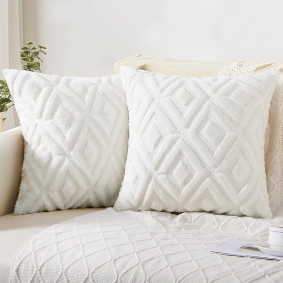 AUQ Set of 2 Faux Fur Throw Pillow Covers 18x18 Inch, Cream White Boho Decorative Cushion Covers for Couch Sofa Bed, Soft Velvet Backing with Hidden Zipper