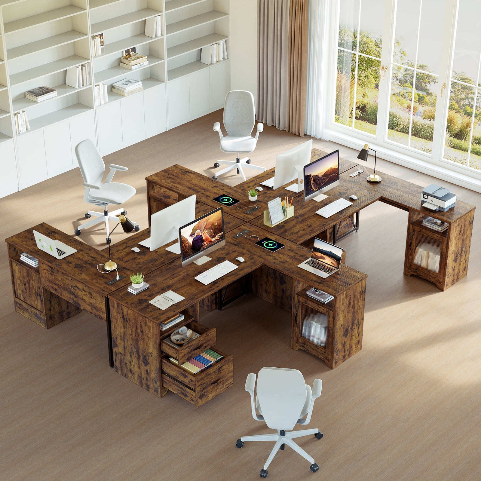 Bestier Farmhouse L Shaped Desk with Drawers, 63"Office Computer Desk with Charging Station & Fluted Storage Cabinet, Corner Desk with File Drawers, Modesty Panel for Home Office, Rustic Brown