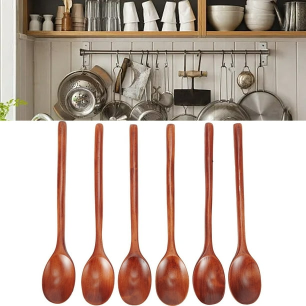 6PCS Natural Wooden Spoon Kitchen Long Spoons Rice Soups Honey Spoons Kitchen Accessories Home Tableware Dinnerware Cooking Tool