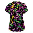 thumbnail image 4 of Womens Mardi Gras Scrub Tops Sparkly Short Sleeve Sequins Scrubs Glitter Mask Print V Neck Purple Uniform with Pockets Dark Purple 2XL, 4 of 5
