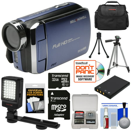 Bell & Howell DV30HD 1080p HD Video Camera Camcorder (Blue) with 32GB Card + Battery + Case + Tripods + LED Video Light +