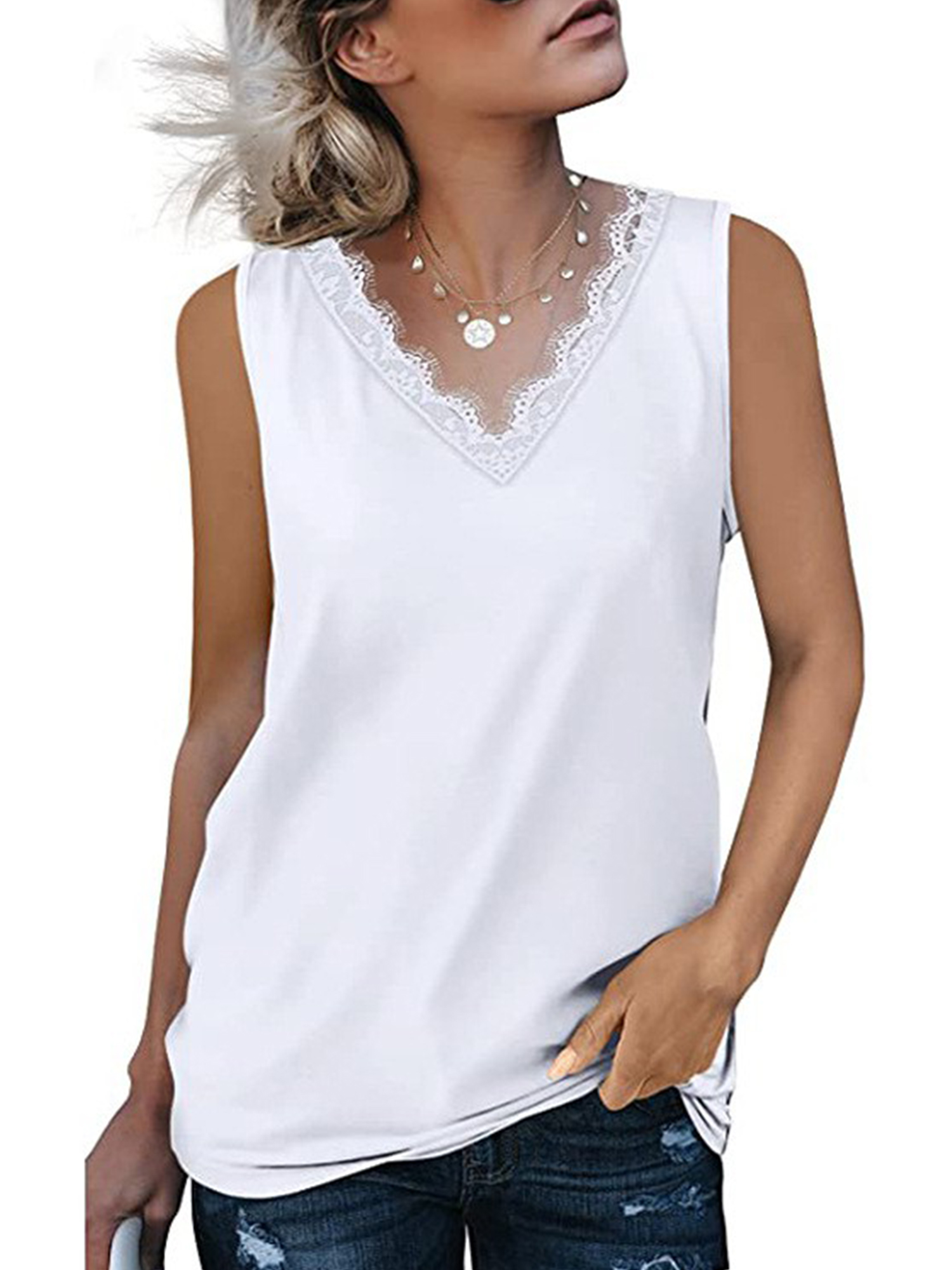 Tank Top Women Womens V Neck Lace Trim Tank Tops Casual Loose Sleeveless Blouse Flowy Chiffon Petal Sleeve Vest Tank Top Women Womens V Neck Lace Trim Tank Tops Casual Loose Sleeveless Blouse Flowy Chiffon Petal Sleeve Vest