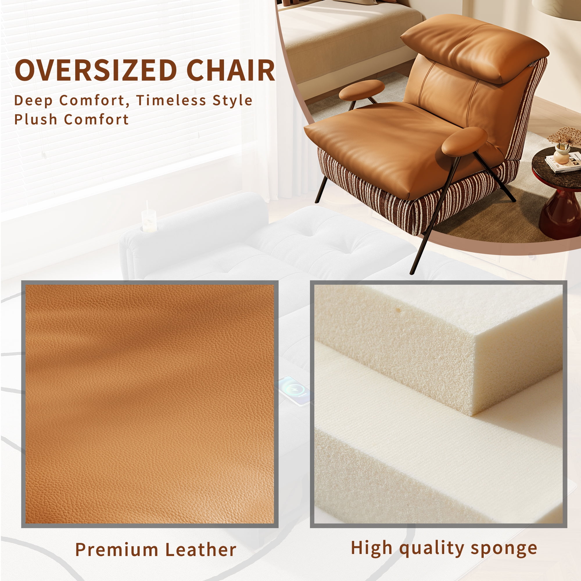 Minimalist Casual Single Chair With Solid Wood Frame, Upholstered In Leather And Chenille Fabric, Fits Balconies, Living Rooms And Bedrooms