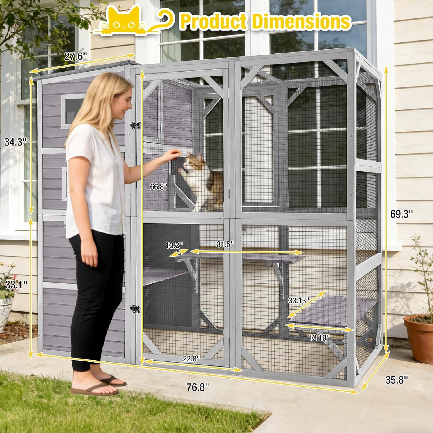 Aivituvin 70" Tall Catio Outdoor Cat Enclosure, Large Wooden Cat House with Waterproof Roof & 3-Tier Platforms, Walk-in Outside Cat Patio with Connectable Window Door for Multiple Cats (Grey)