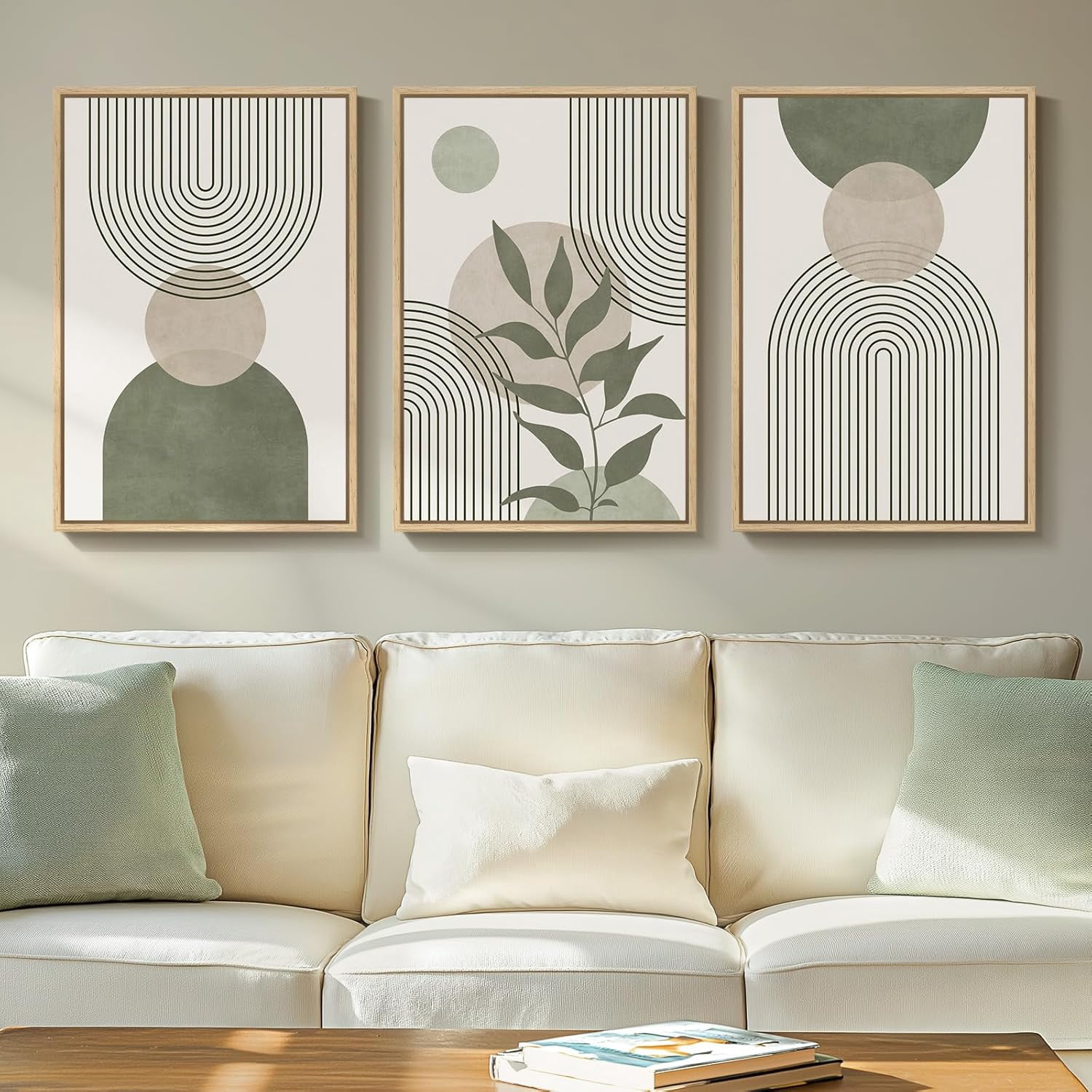 Sage Green Boho Wall Art Set Of 3 – Geometric Line Leaf Sun Moon Paintings In Solid Wood Frames - View #4
