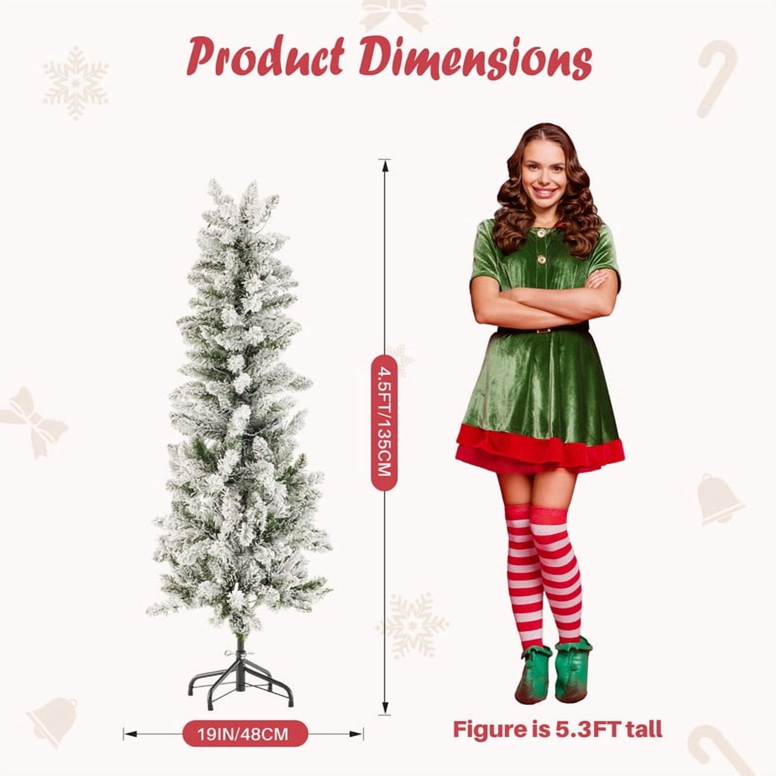 Gianna 4.5ft Snow Flocked Pencil Christmas Tree, Prelighted Artificial Slim Christmas Trees with 120 Incandescent Lights, 268 Branch Tips & Foldable Base for Home, Office, Party Decoration