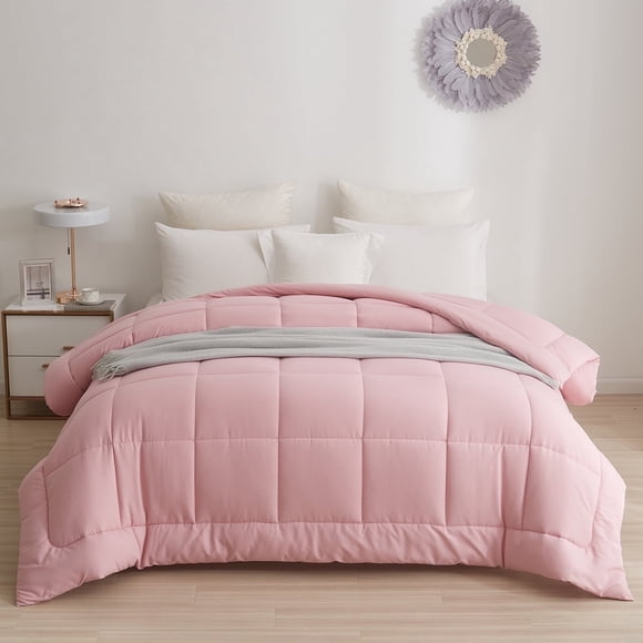 BedTreat Down Alternative Comforter with Corner Tabs - All Season Quilted Queen Size 240 GSM Pink Comforter, Machine Washable Microfiber Bedding