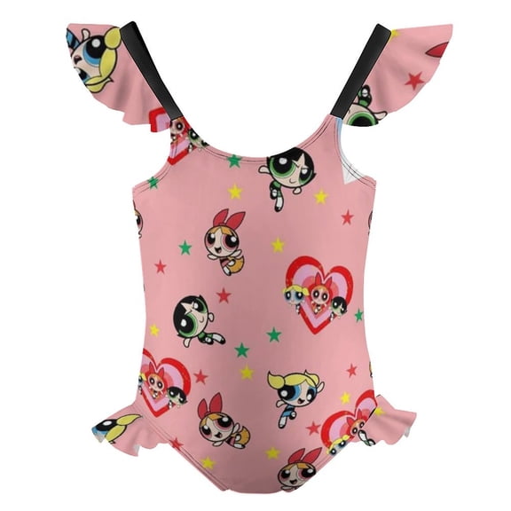 The Powerpuff Girls Girls Swimsuit Ruffle One-piece Beachwear Kids Cute Swimwear Summer Bathing Suit 6-7Y(110cm)