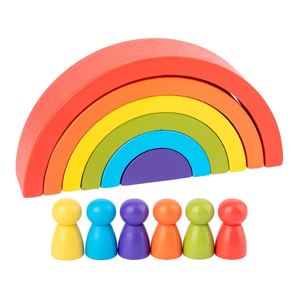 Wooden Montessori Rainbow 6pcs Arch Ring Blocks Stacking Toy Play Activity 