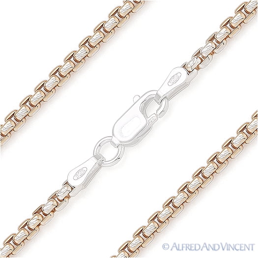 2.5mm Diamond-Cut Round-Box Chain Necklace in .925 Sterling Silver w/ 14k Rose Gold