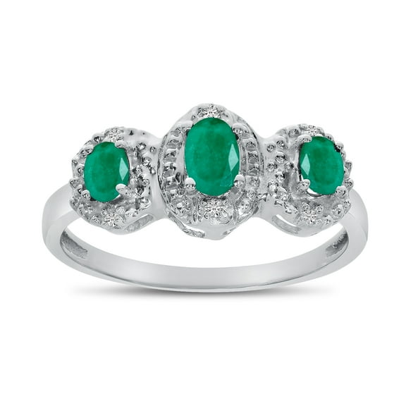10k White Gold Oval Emerald And Diamond Three Stone Ring