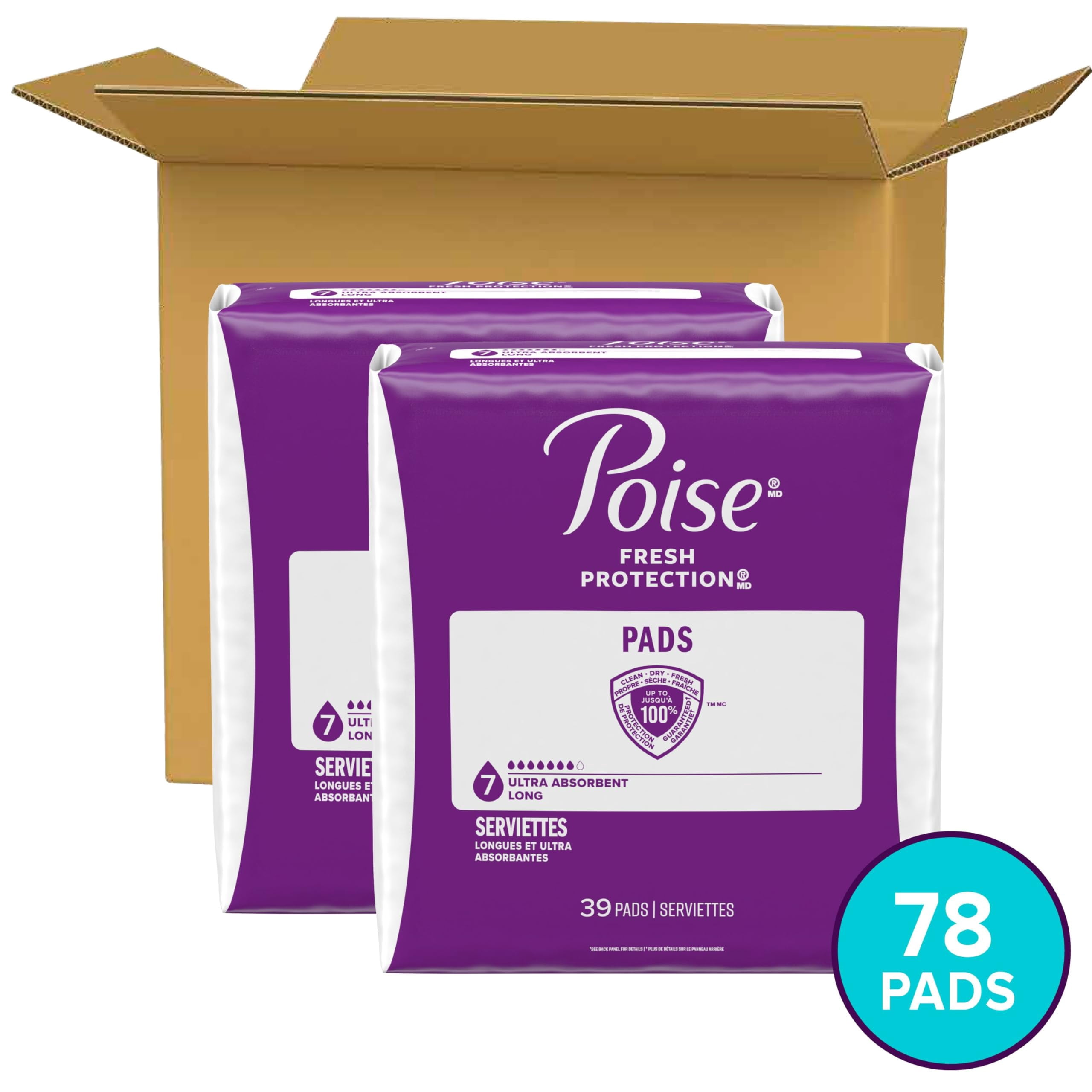 Poise Incontinence Pads for Women, Ultra Absorbency, 7-Drop, Long, 78 Count