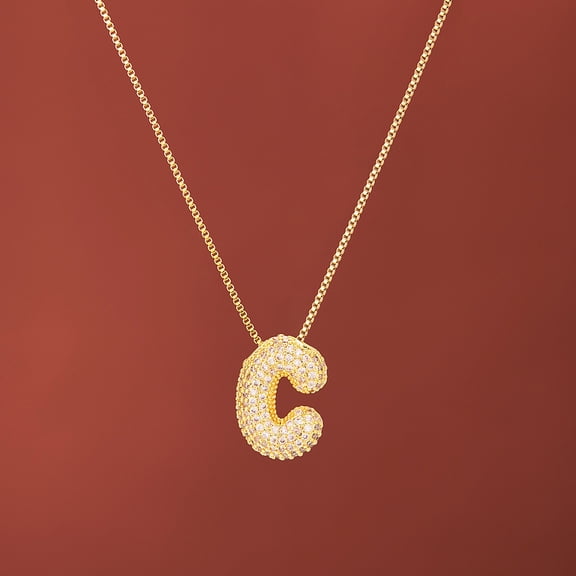 Brass Micro Pave Clear Cubic Zirconia Initial Pendant Necklaces for Women Golden Letter C 15.75 inch(40cm)