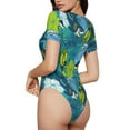 thumbnail image 3 of KLL Women 's Crew Neck Bodysuit Jumpsuits Shark And Leaves Print Short onesies Stretch T Shirts, 3 of 7