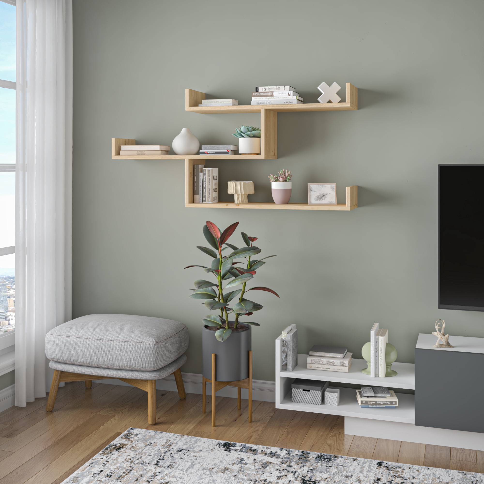 Ada Home Decor Furniture 47" 3 Tier Oak Wilton Modern Wall Shelf