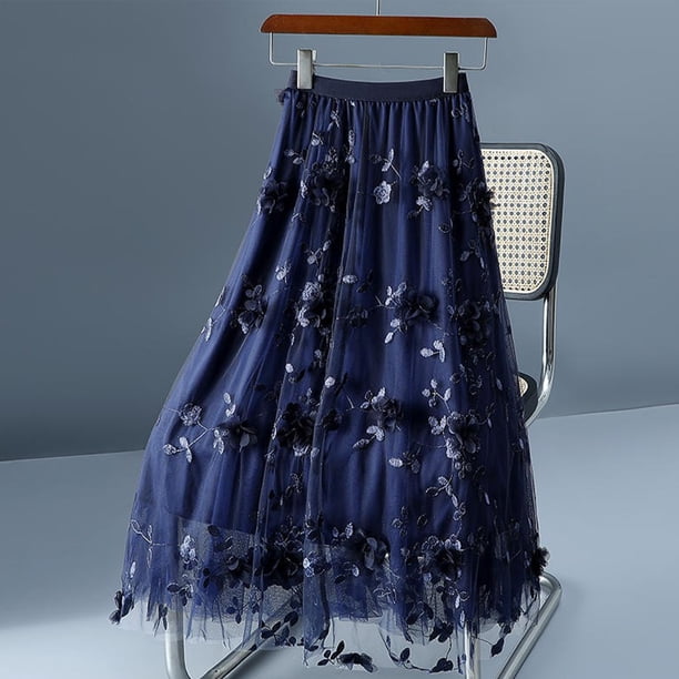 TaTaai Women High Waist Double Layer Mesh 3D Floral Appliqué Midi Skirt Lightweight Breathable Soft Machine Washable No Fading Versatile Daily Office Party Casual Wear Midi Skirt Gift