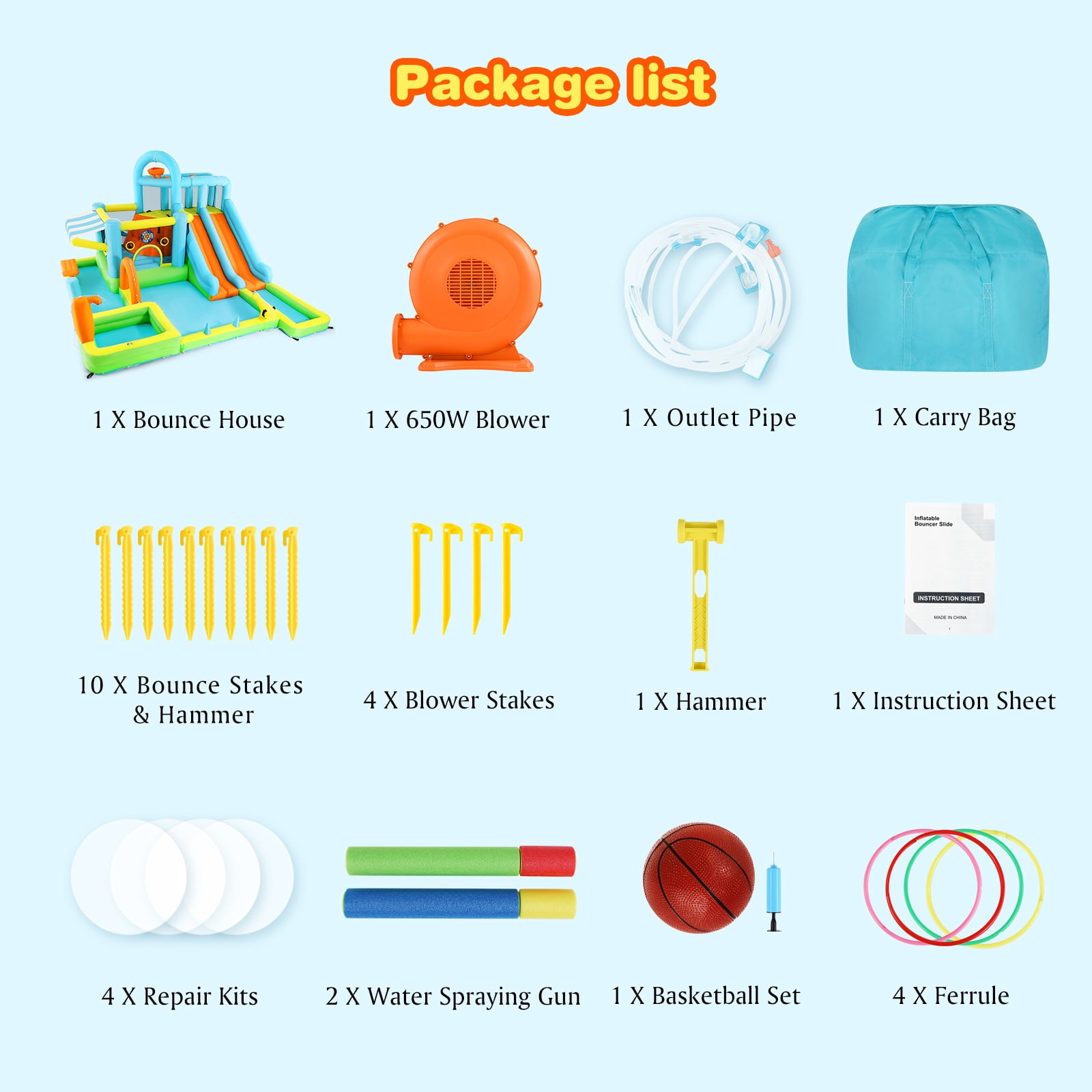 10in1 Heavy Duty Double Water Slide Inflatable Bounce House Giant Water Park w/650W Blower,Splash Pool,Sunshade,Climbing Wall,Jumping,Basketball Hoop,Ring Toss Game,Water Gun Outdoor Backyard