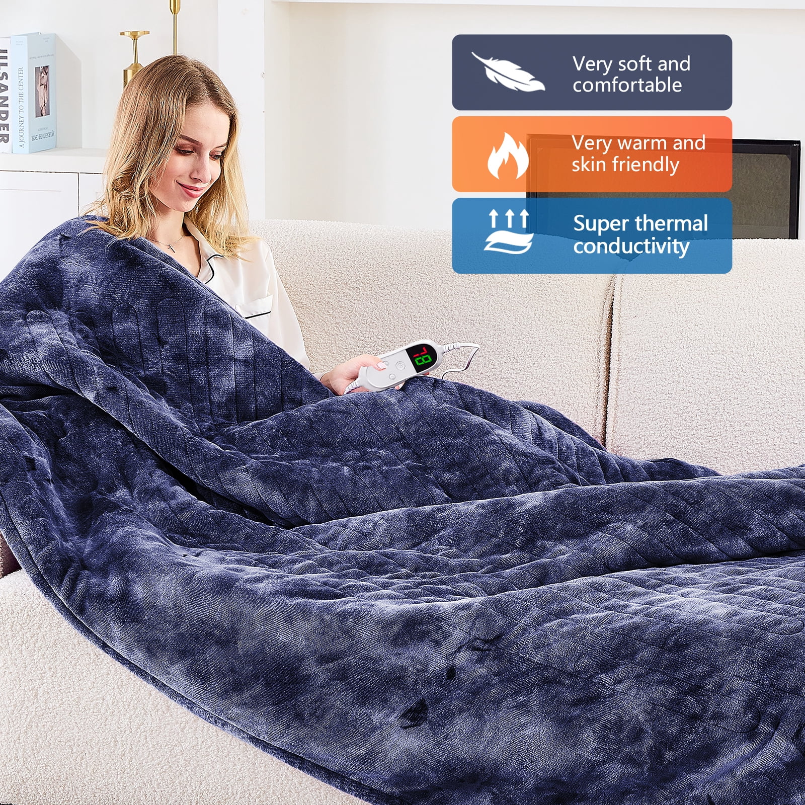 PMONPA Electric Heated Blanket, 51"x61" Heating Blanket for Adult, Soft Flannel & Sherpa, 10 Heating Levels & 1-8 Hours Auto off, Blue