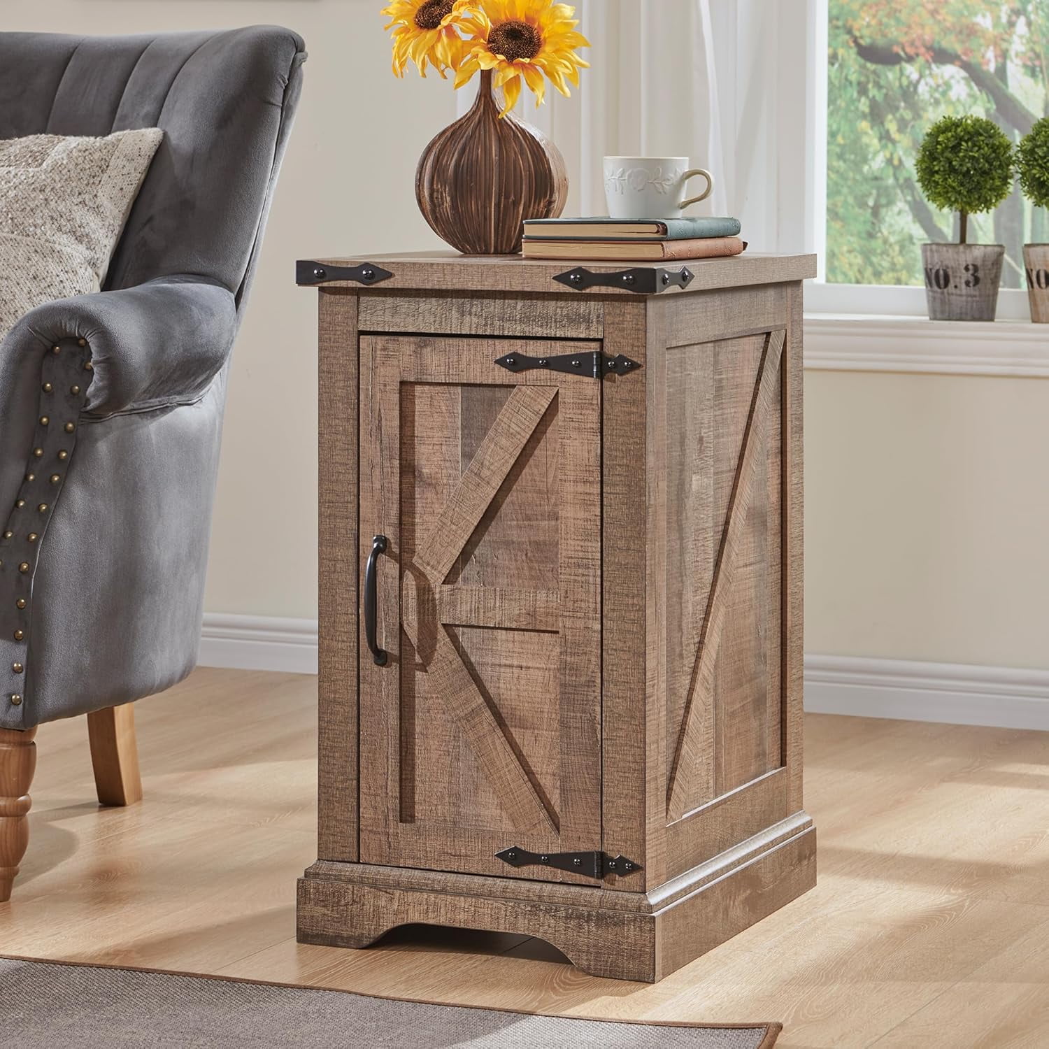 T4TREAM Farmhouse Nightstand with Charging Station, Wood End Table, Light Brown