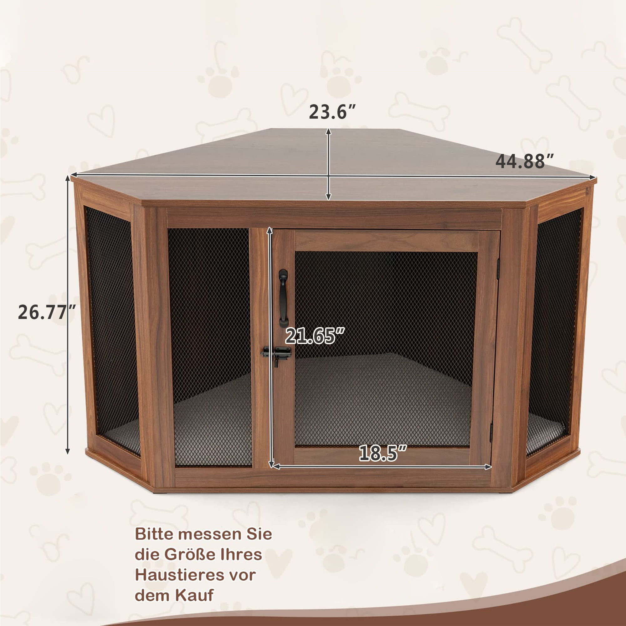 Kadyn 45" Dog Crate Furniture for Small Dogs with Door Lock and Cushion, Corner Fence Dog Cage for Indoor Dogs, Brown