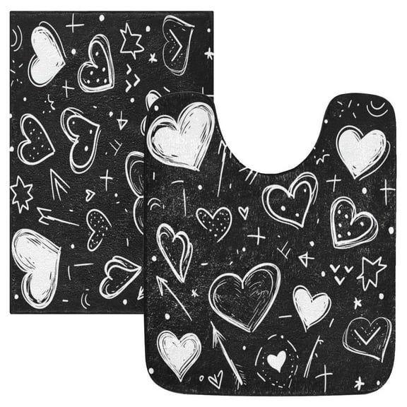 2 Piece Soft Bathroom Rug Set Heart on Black Background Bath Mat and U-Shaped Toilet Contour Rug (16"x24" 20"x24")