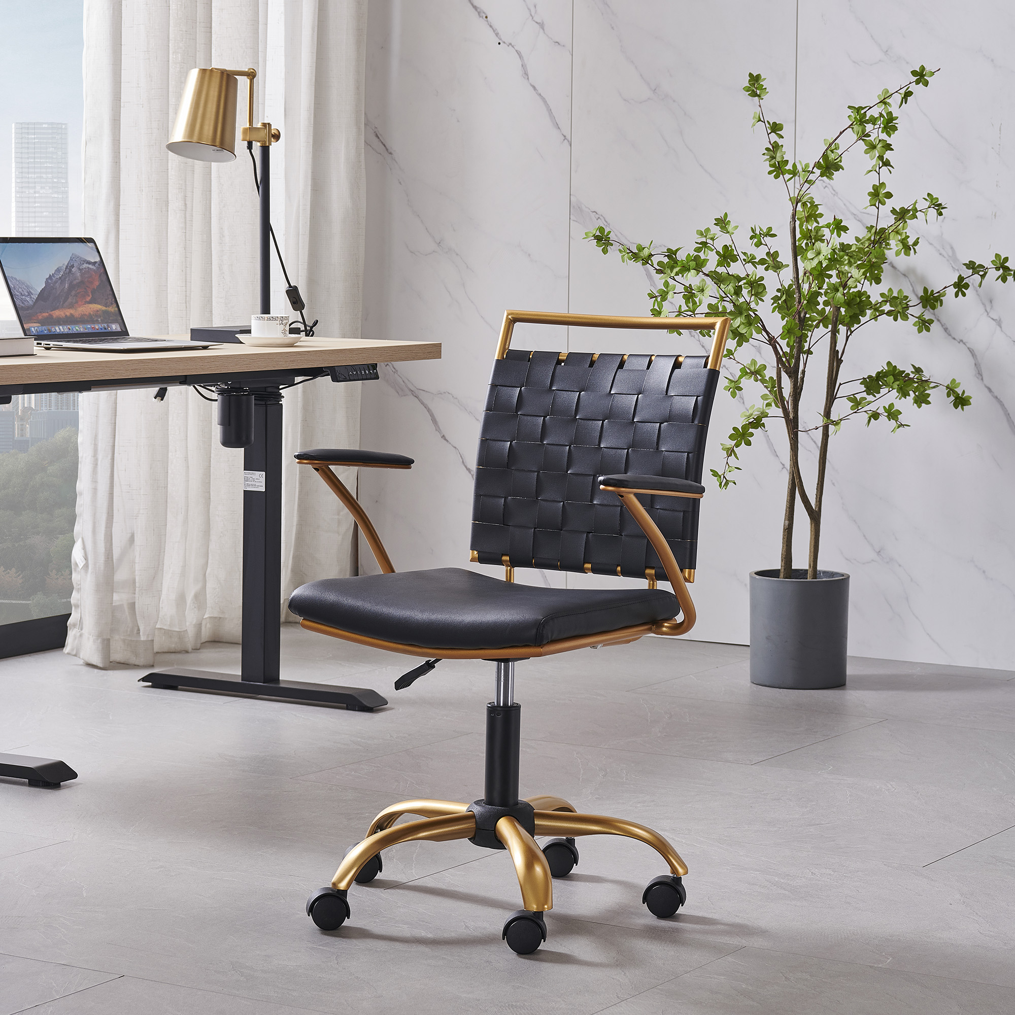CAROCC Home Office Desk Chair Task Chair with Armrest Adjustable Swivel Chair in Durable Vegan Leather Gold Office Chair Ergonomic Desk Chair for Extra Back & Lumbar Support