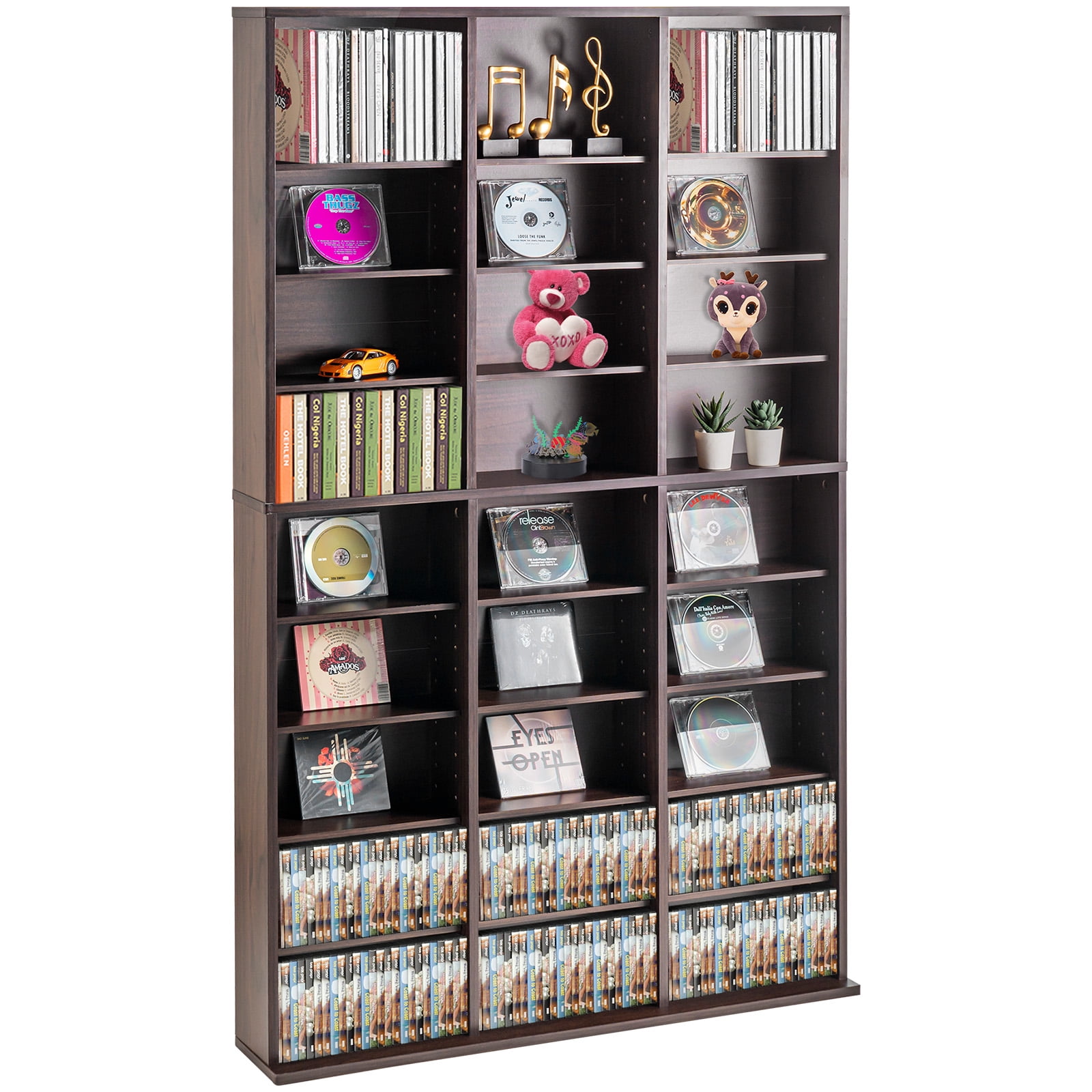SKYSHALO Media Organizer Cabinet, 9-Tier DVD Rack for 756 CDs, Flexible CD Shelving with 27 Units, Safeguards & Sorts Music, Films, Video Games & Collectibles, Espresso Finish
