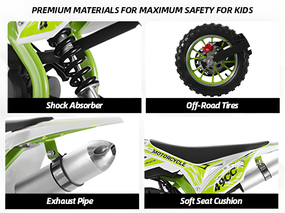 Kids Gas Motorcycle - 49cc Mini Bike with Front & Rear Disc Brakes, Wear-Resistant Tires & Ergonomic Handle for Off-Road Fun (Cool Green)
