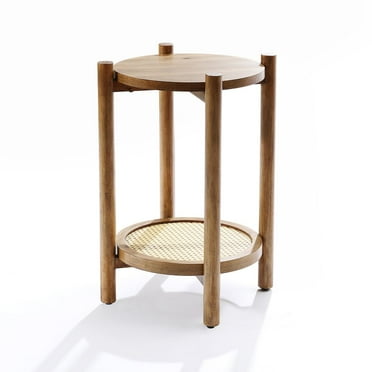 LuxenHome Chestnut Finish Pine and MDF Wood Accent Round Table with Rattan Shelf