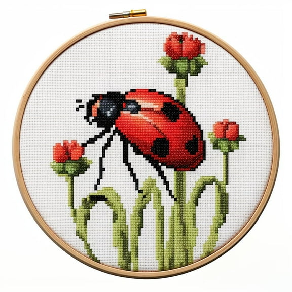 Red Ladybug DIY Stamped Cross Stitch Kits for Beginners Easy with Hoop 11CT Needlepoint Embroidery Counted Cross Stitch Kits Art Craft Wall Decoration 30x30cm(4)
