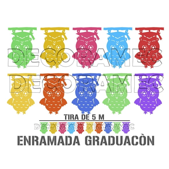 Papel picado Graduacion | Guirnaldas | enramado | 5 tiras de 5 metros | diseño de buho graduado con colores vibrantes | decoración de papel picado (Plastico)