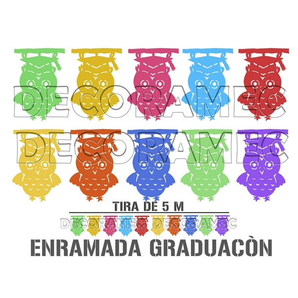 Papel picado Graduacion | Guirnaldas | enramado | 5 tiras de 5 metros | diseño de buho graduado con colores vibrantes | decoración de papel picado (Plastico)
