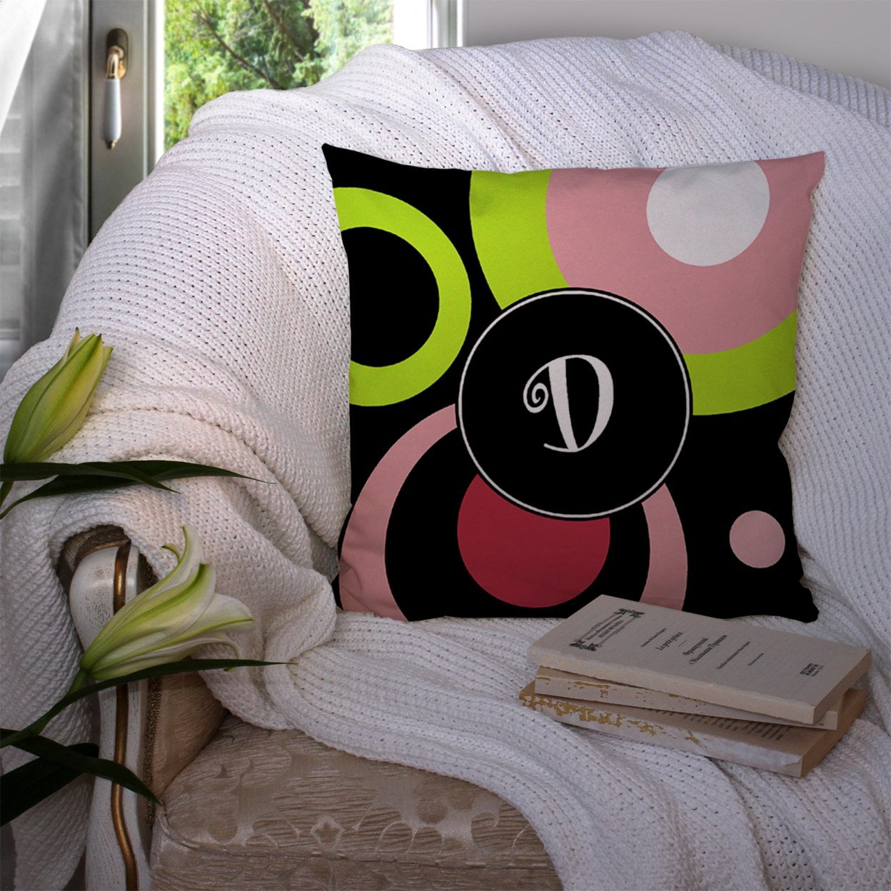 Carolines Treasures AM1002-DPW1414 Letter D Monogram - Retro in Black Fabric Decorative Pillow 14Hx14W multicolor