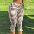 thumbnail image 5 of Womens Gingham Check Capri Leggings Low Rise Slim Fit Yoga Capris Scalloped Waist Casual Cropped Pants with Side Slit Hem Khaki L, 5 of 8