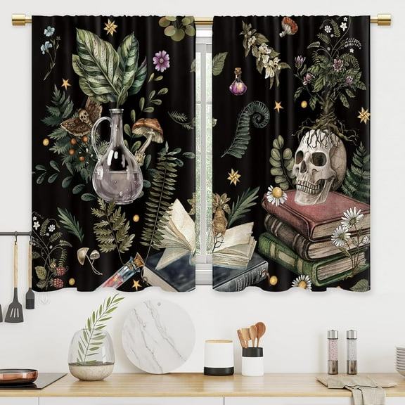 Country Mystical Green Plant Kitchen and Bathroom Curtains Skull Small Short Curtains 2 Panels 28x40in