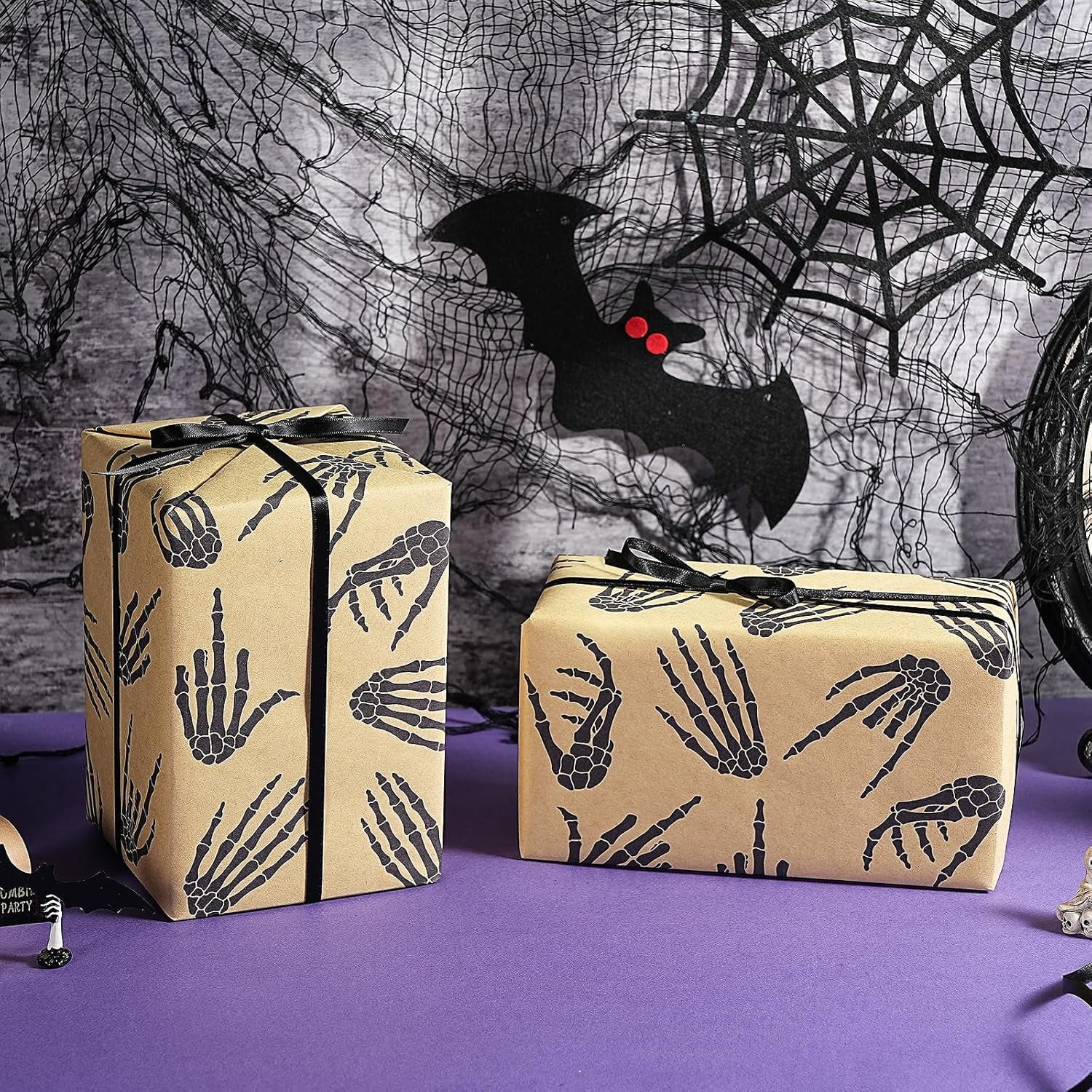 Halloween Skeleton Hand Wrapping Paper Roll, Mini Roll, Black Bone Hand Design, Gothic Kraft Gift Wrap Paper for Spooky Gifts, Halloween Party Favors, Trick or Treat, 17 Inches x 16.4 Feet