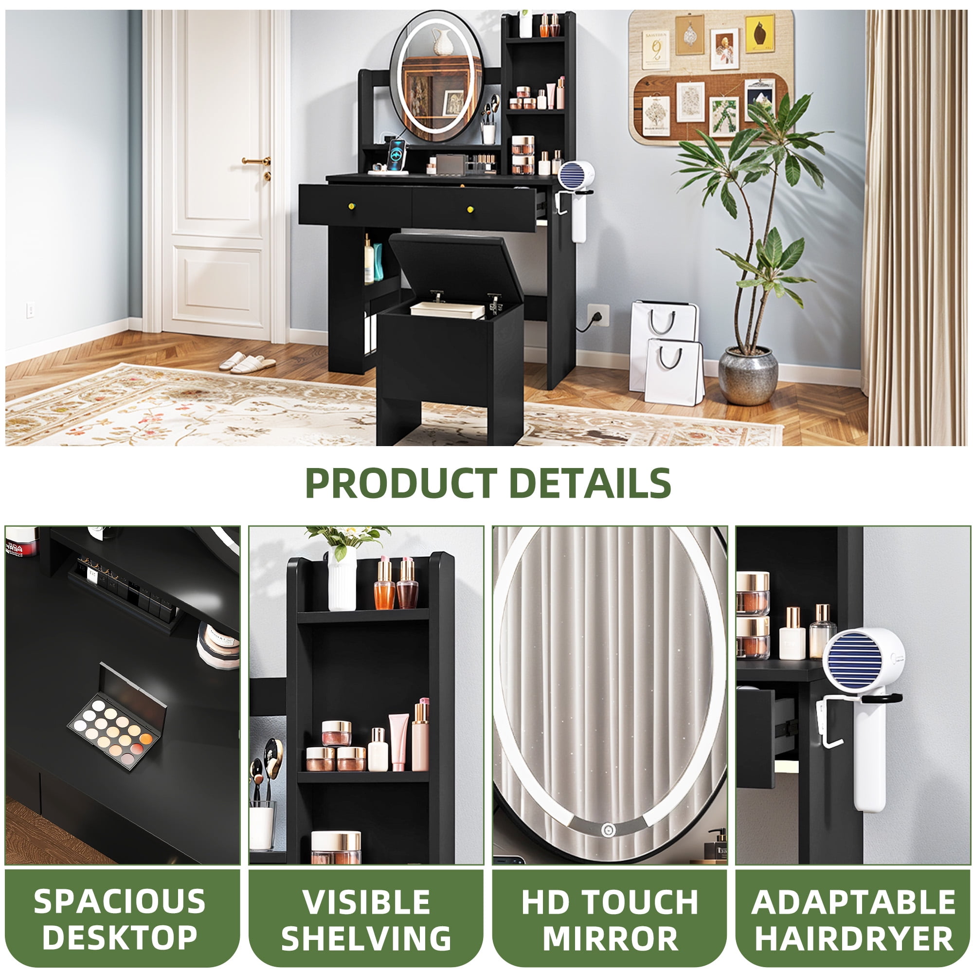 Uforic Vanity Table with 3 Lighting Colors, 2 Drawers, and Cushioned Stool - Black