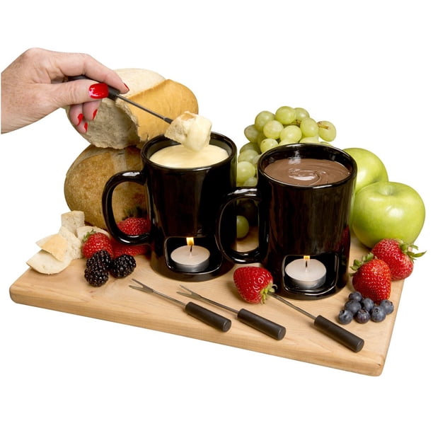 Juego de fondue Evelots para chocolate, queso y dulces (paquete de 2). Mini tazas de cerámica para fondue con 4 tenedores y 8 velas, ideal para citas, cumpleaños y bodas.