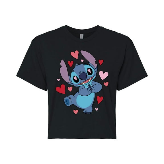 Lilo & Stitch - Valentine's Day Heart Eyes Stitch - Juniors Cropped Cotton Blend T-Shirt