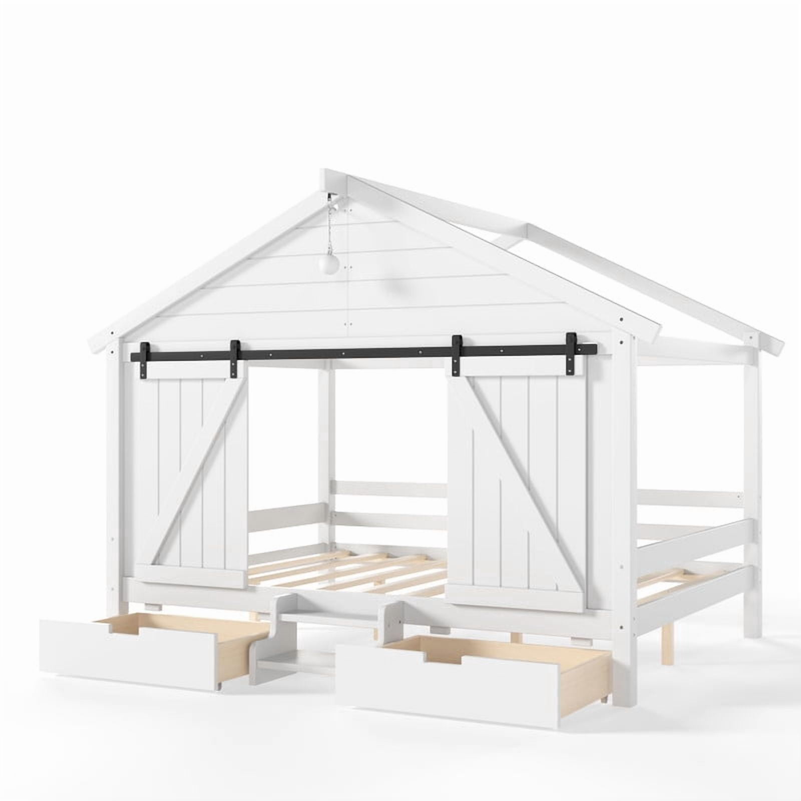 Full Size Farmhouse House Bed with Sliding Barn Doors & Light Bulb, Wood Kid's Platform Bed Frame with Stair & Drawers
