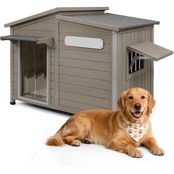 Petsblublu Outdoor Weatherproof Indoor Dog House，with Openable Asphalt Roof, Anti-Chewing Iron Frame