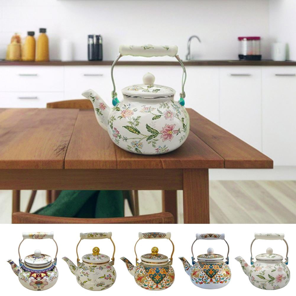 Lyellfe Bouilloire à thé vintage en émail de 2,6 litres, théière émaillée avec poignée froide en porcelaine, bouilloire à eau chaude, décoration rétro, sans sifflement