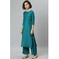 thumbnail image 4 of Janasya Indian Round Neck 3/4 Sleeve Solid Teal Poly Silk Kurta With Palazzo And Dupatta For Women, 4 of 7