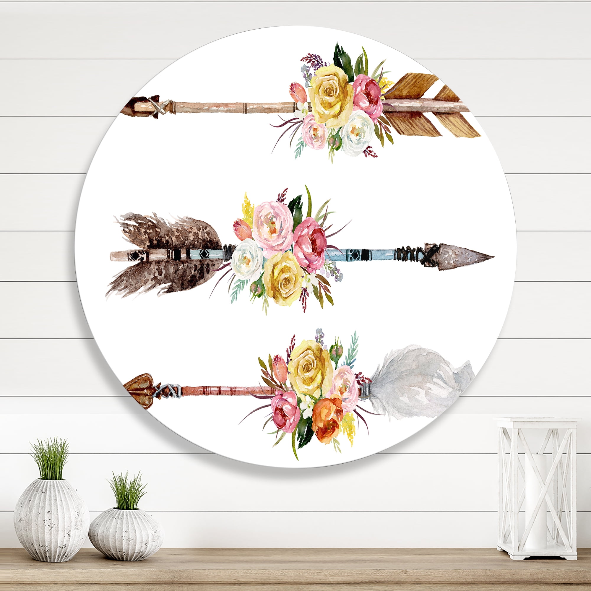 Designart 'Flowers and Ethnic Feathers On Native Arrows II' Bohemian & Eclectic Circle Metal Wall Art 11x11 - Disc of 11