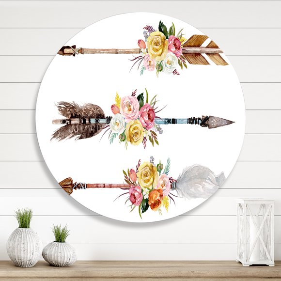 Designart - Ethnic Feathers and Flowers On Native Arrows II - Bohemian & Eclectic Metal Circle Wall Art