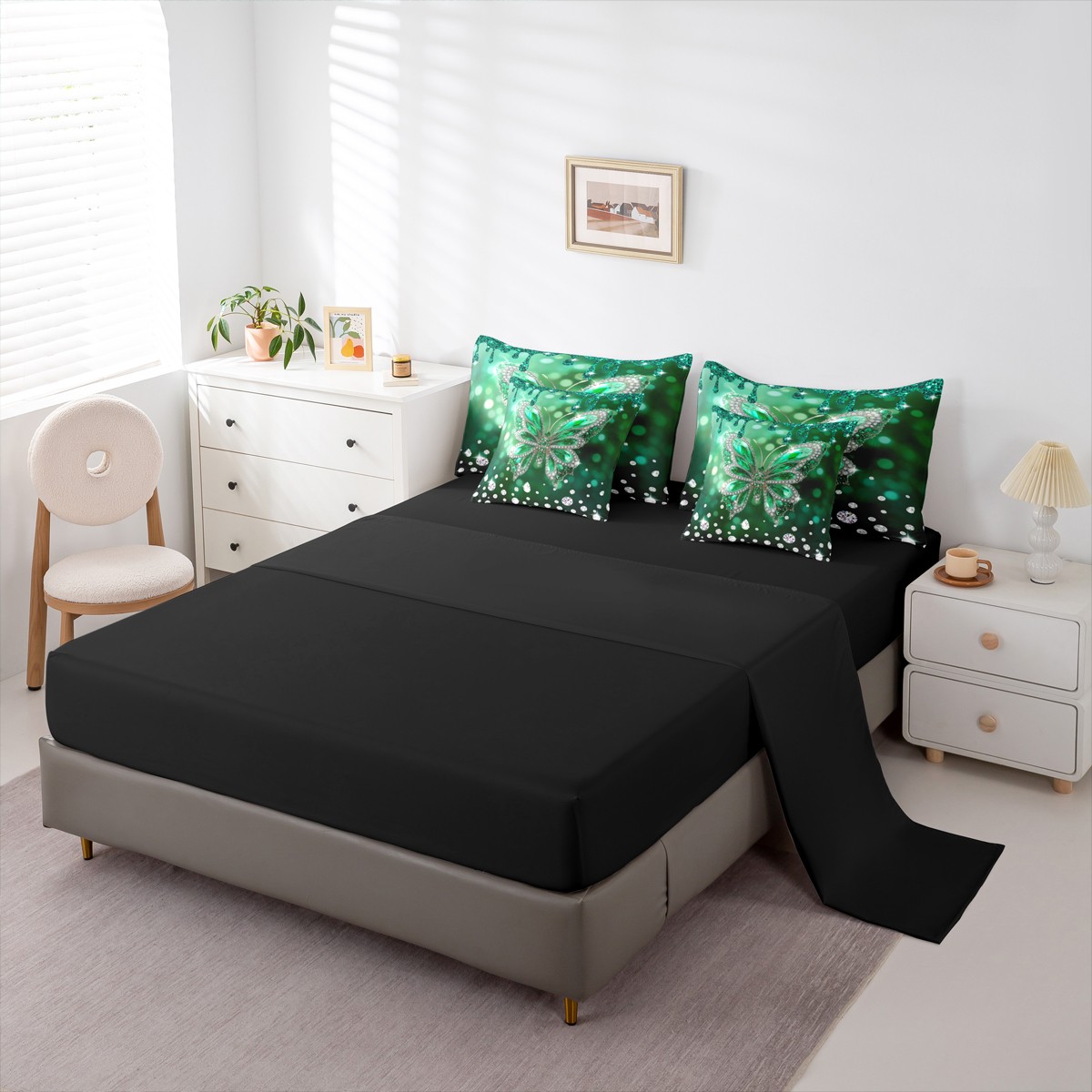 jejeloiu Chic Butterfly 7 Pieces Bedding Comforter Set,Diamond Moth Full Bedding Set,Green Sliver Fitted Sheet Flat Sheet For Girls Kids,Luxury Bedroom Decor Reversible