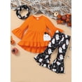 thumbnail image 2 of Toddler Baby Girls Halloween Outfits Ghost Print Flare Sleeve Dress Shirt Bell-Bottoms Pants Scarf 3Pcs Fall Clothes, 2 of 8